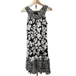 Karen Kane Halter Beaded Floral Print Flouncy Shift Dress Brown Womens Medium